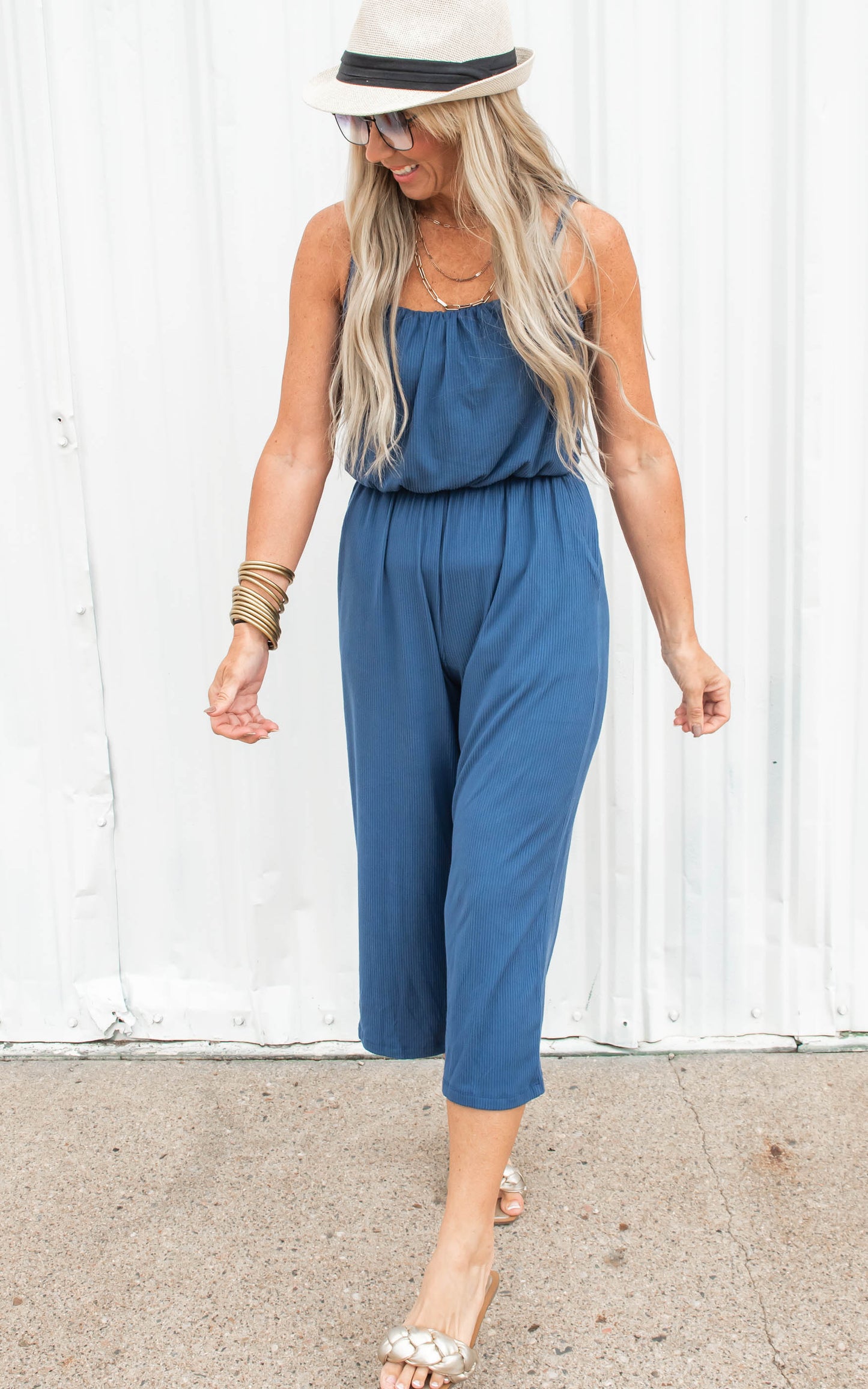 Cropped Spaghetti Strap Jumpsuit - Denim - Final Sale