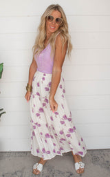 Lavender Floral Print Tiered Maxi Skirt