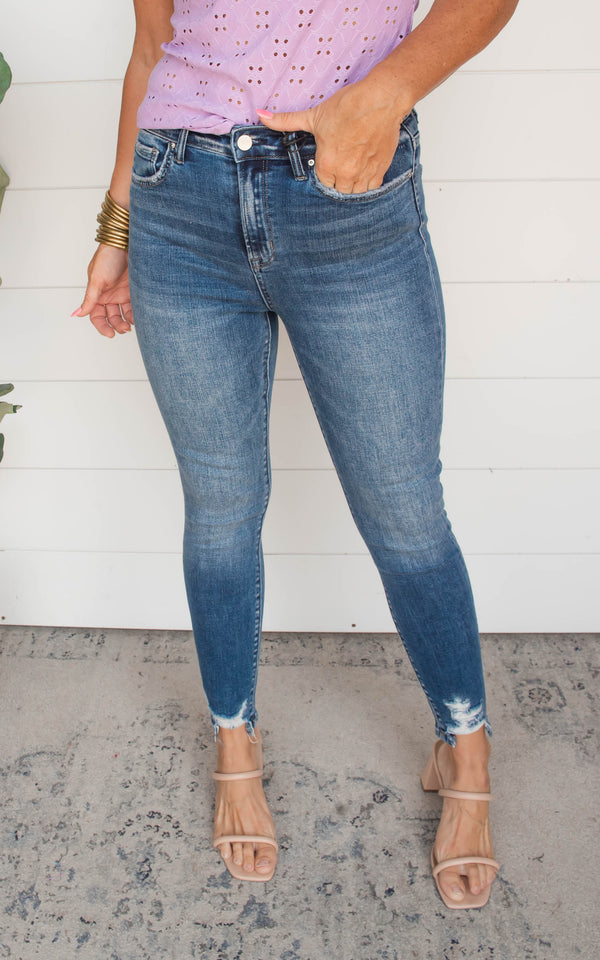 Mid Rise Ankle Skinny Denim Jeans with Hem Detail - Mica - Final Sale