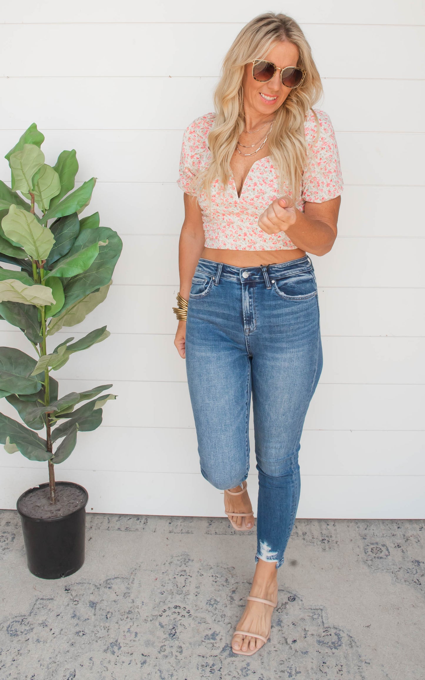 Floral Smocked Puff Sleeve Crop Top