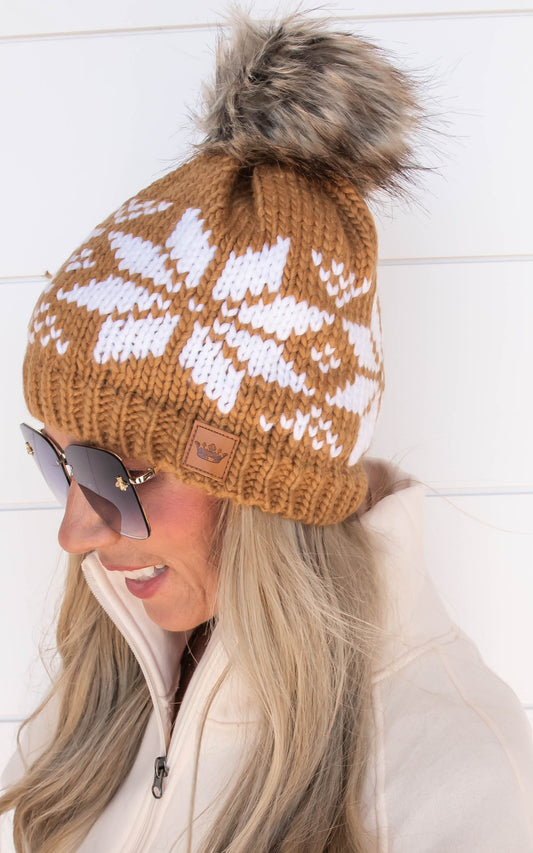 Camel & White Snowflake Pom Hat