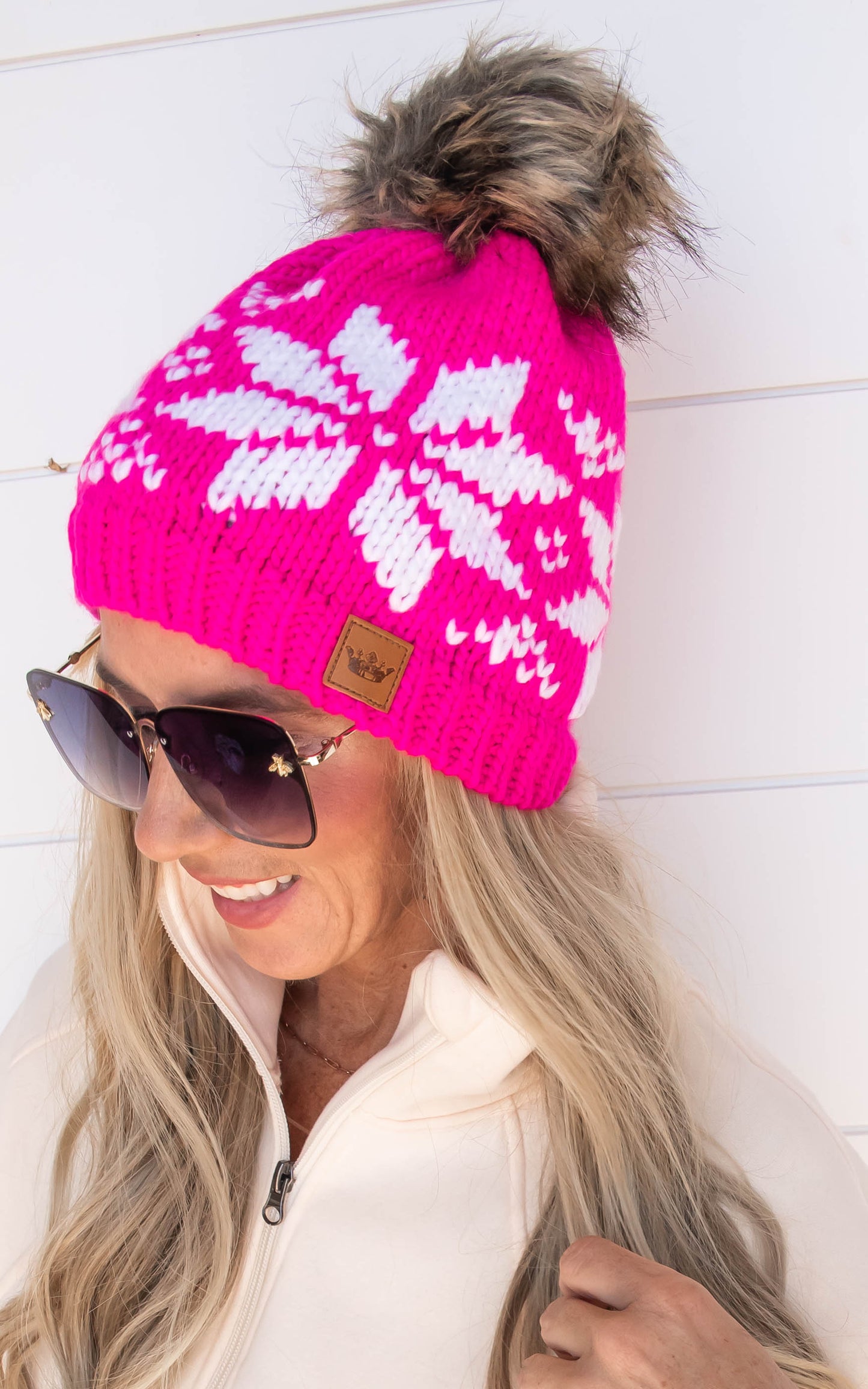 Pink & White Snowflake Pom Beanie