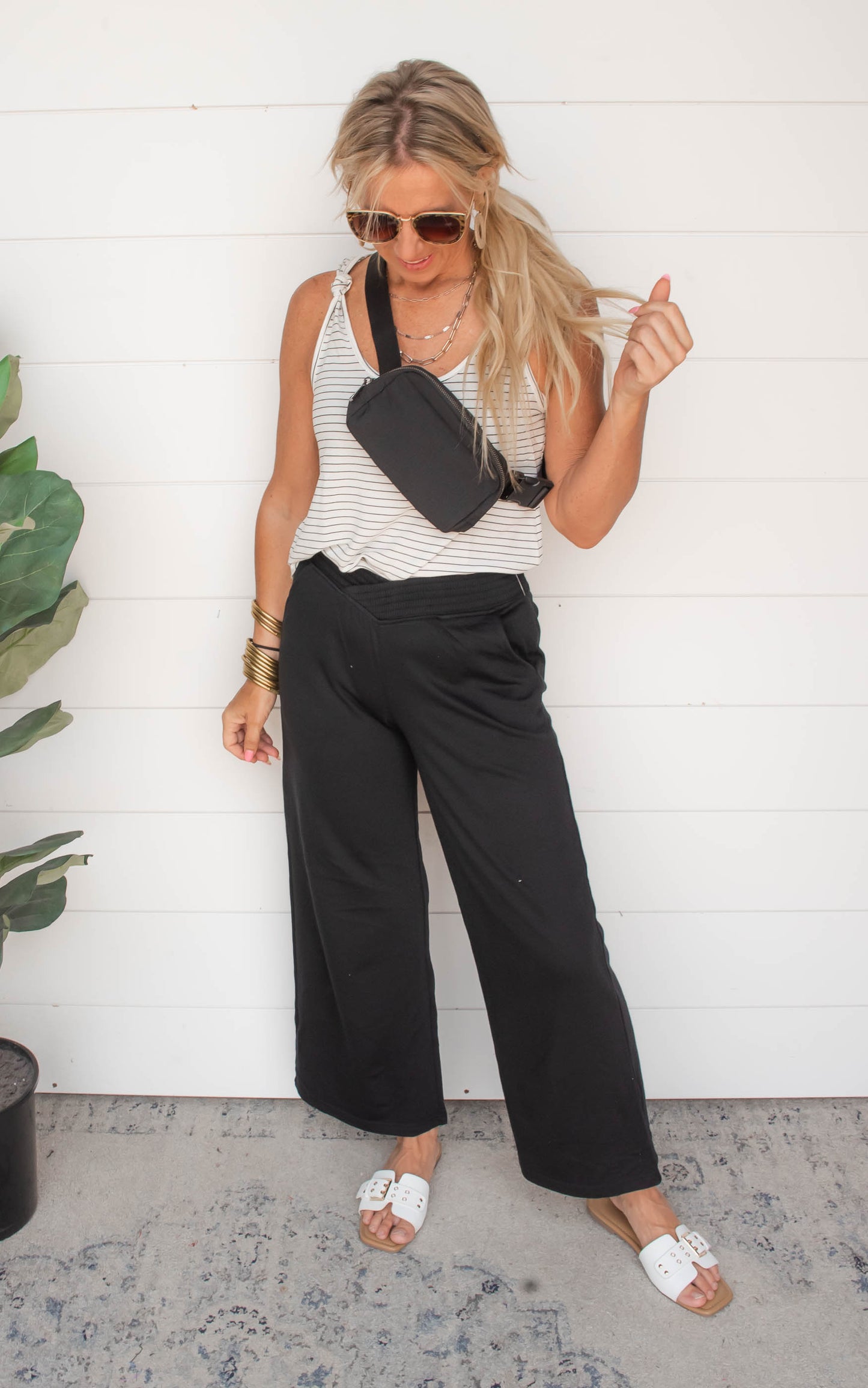 Ribbed Crossover Waist Wide Leg Lounge Pants | MONO B