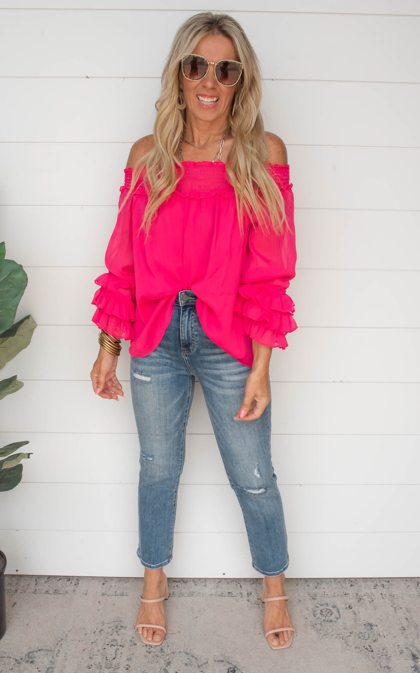 The Isabella Smocked Off the Shoulder and Tiered Sleeve Top - Fuchsia | FINAL SALE