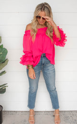 The Isabella Smocked Off the Shoulder and Tiered Sleeve Top - Fuchsia | FINAL SALE