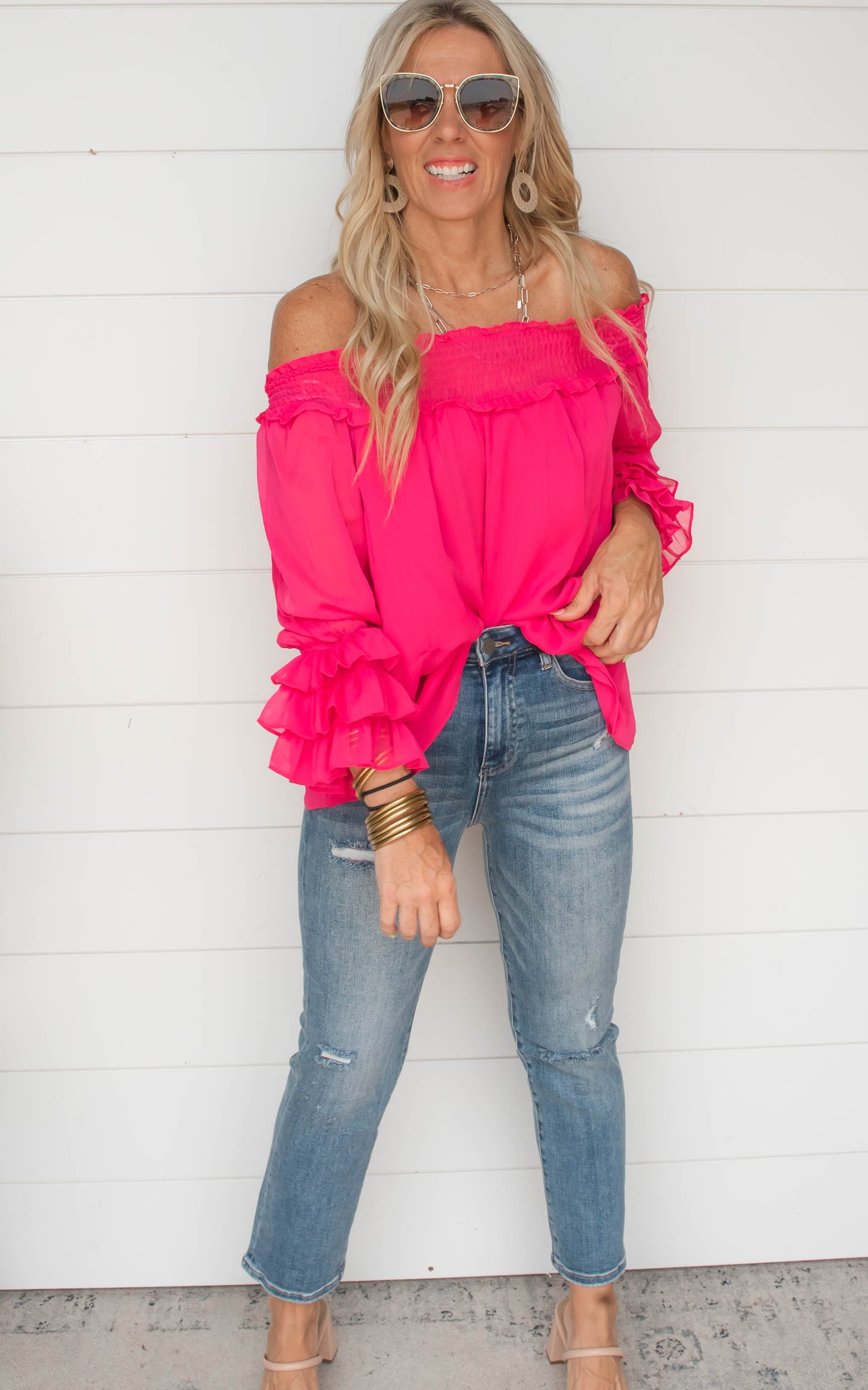 The Isabella Smocked Off the Shoulder and Tiered Sleeve Top - Fuchsia | FINAL SALE