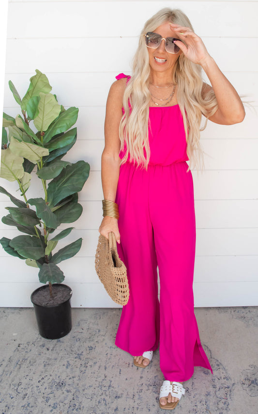 Textured Fuchsia Tie Shoulder Ruched Jumpsuit