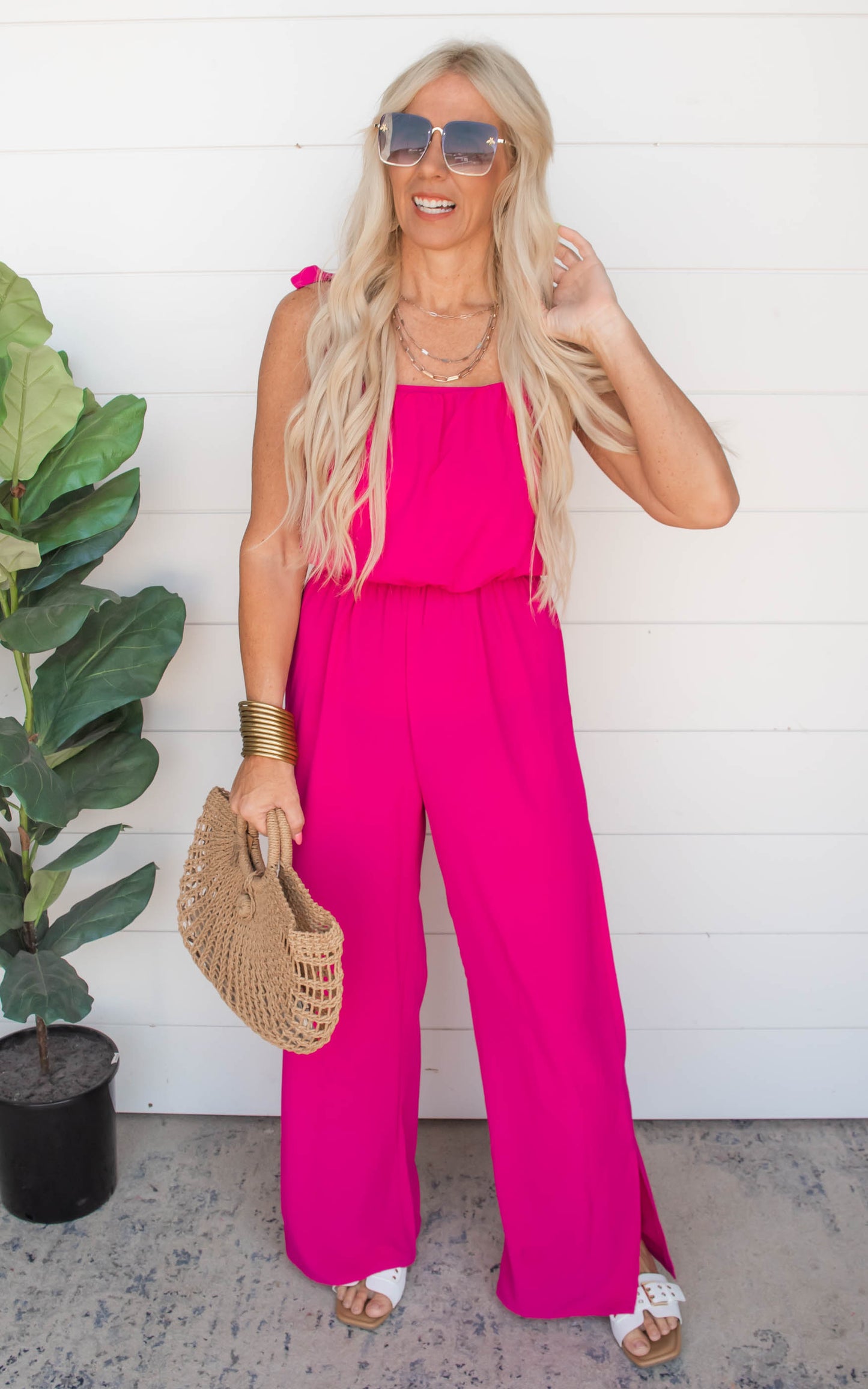 Textured Fuchsia Tie Shoulder Ruched Jumpsuit