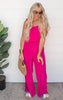 Textured Fuchsia Tie Shoulder Ruched Jumpsuit