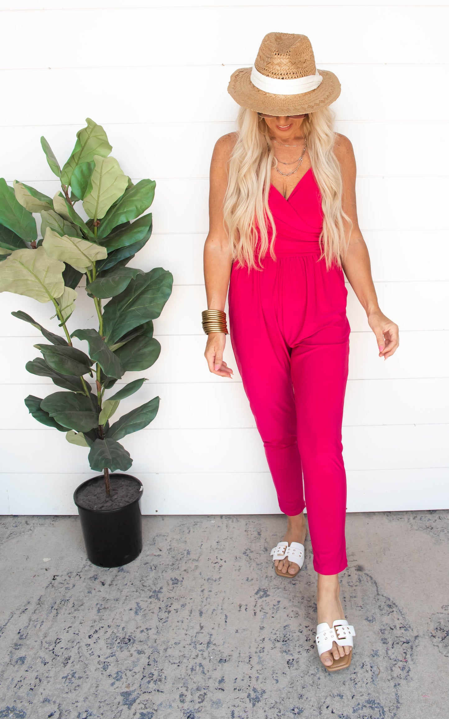 Fuchsia Sleeveless Faux Wrap Jumpsuit