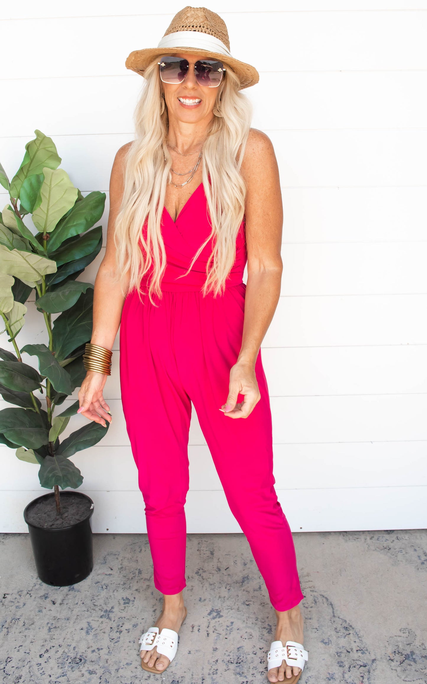 Fuchsia Sleeveless Faux Wrap Jumpsuit