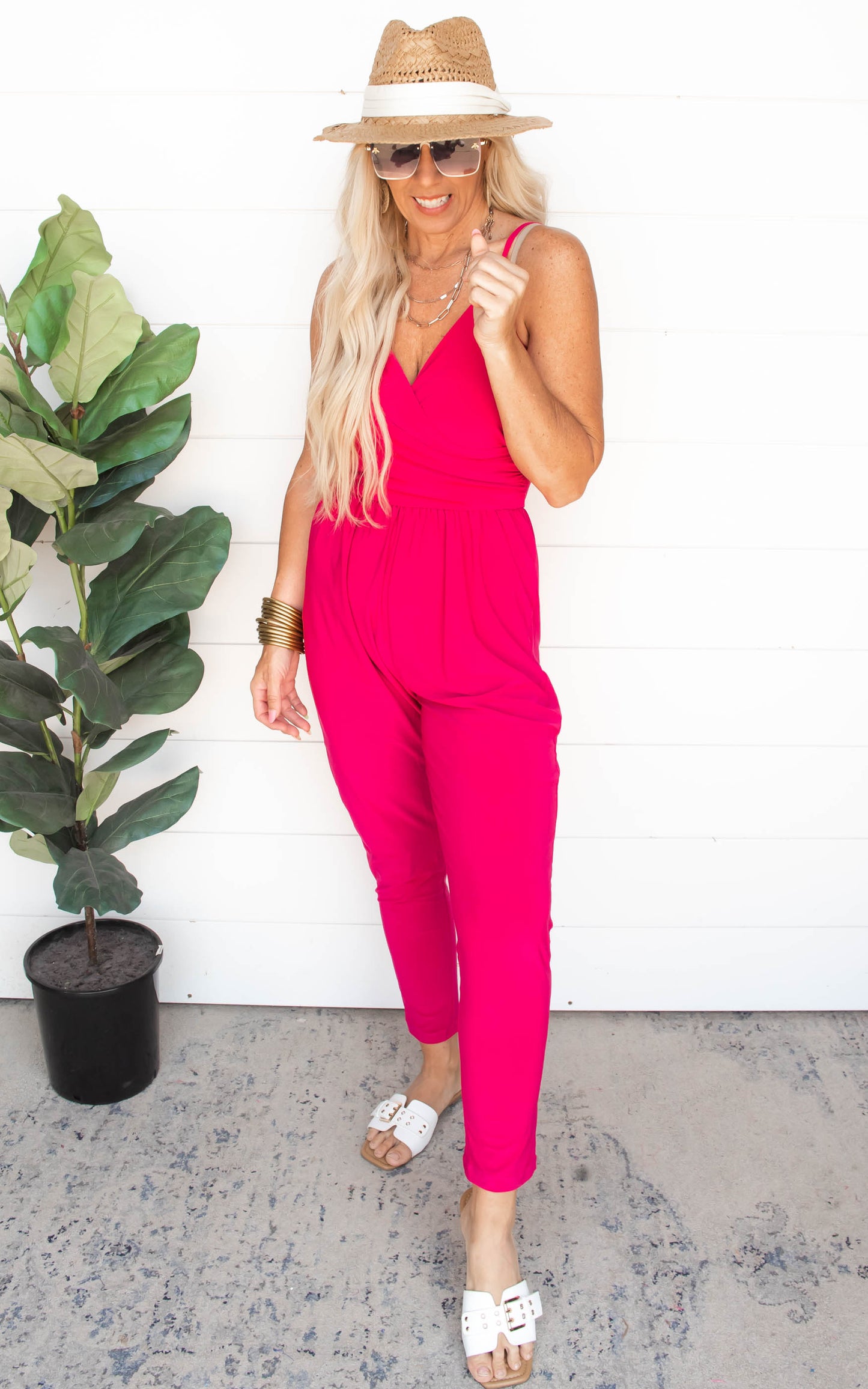 Fuchsia Sleeveless Faux Wrap Jumpsuit