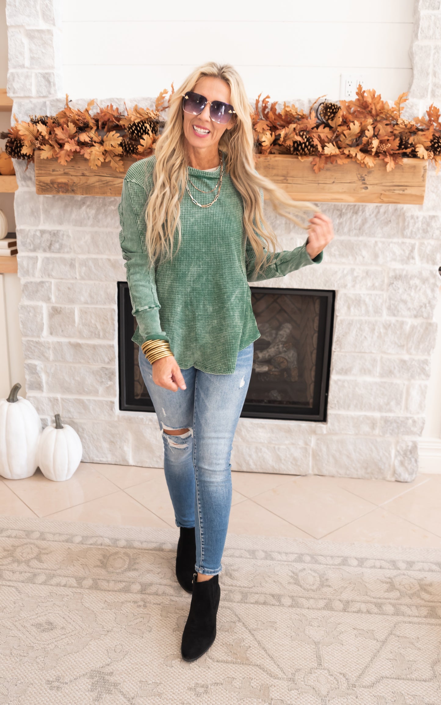 GREEN WAFFLE LONG SLEEVE TOP 