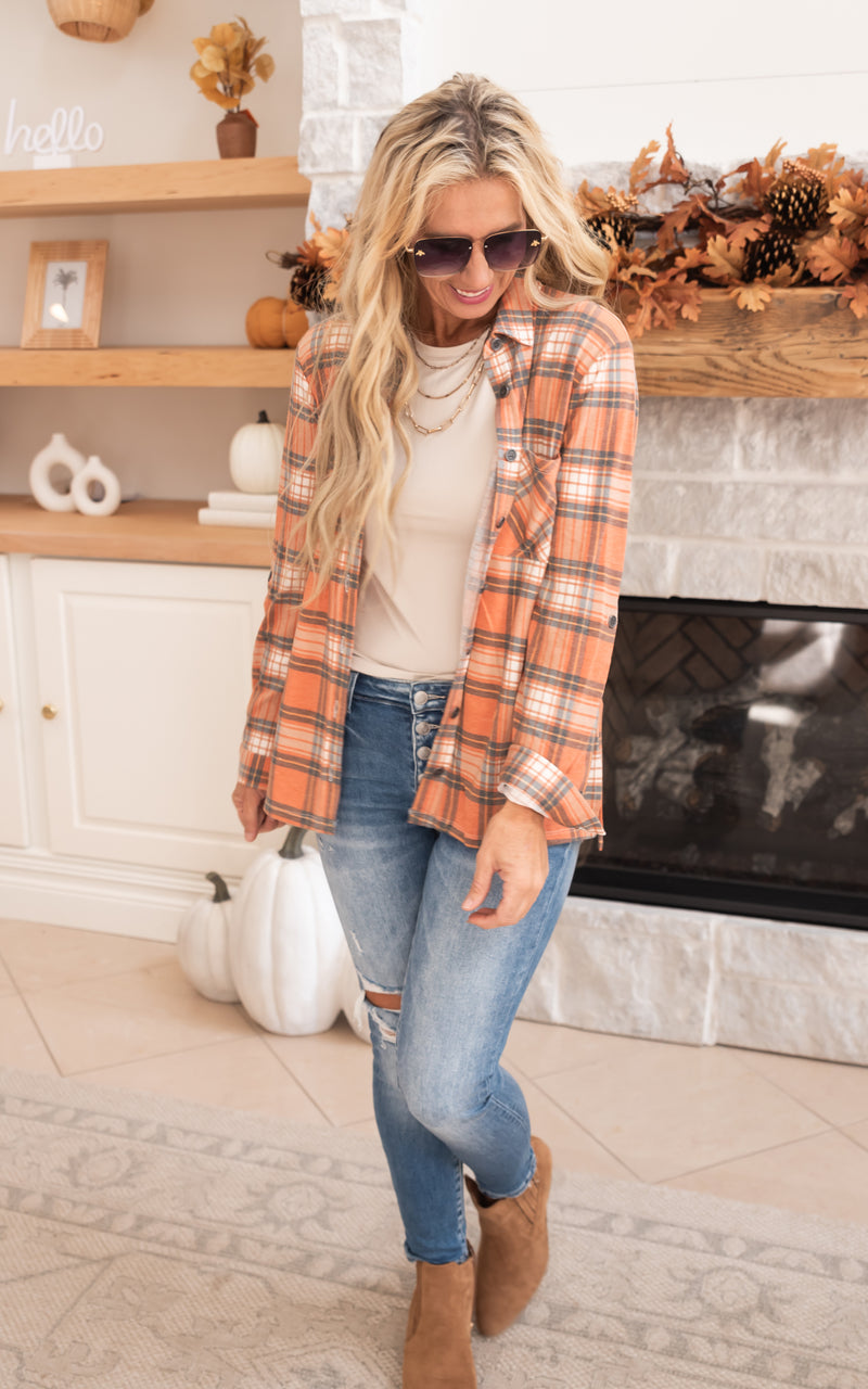 Falling for Plaid Roll Up Long Sleeve Top - Rust