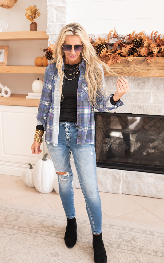 Falling for Plaid Roll Up Long Sleeve Top - Navy