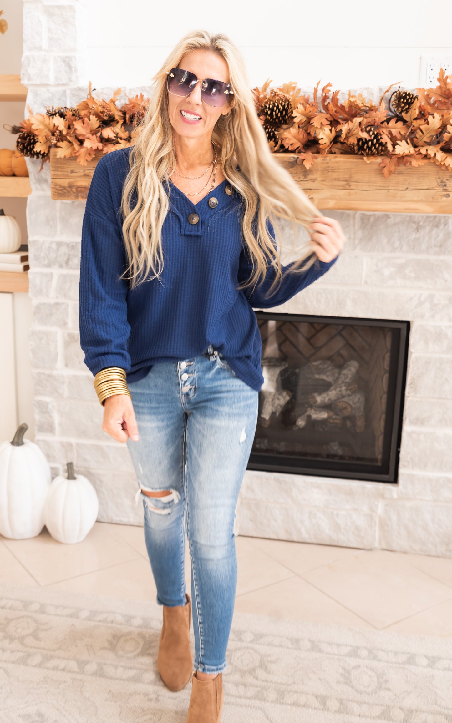 Brushed Waffle V-Neck Button Detail Sweater