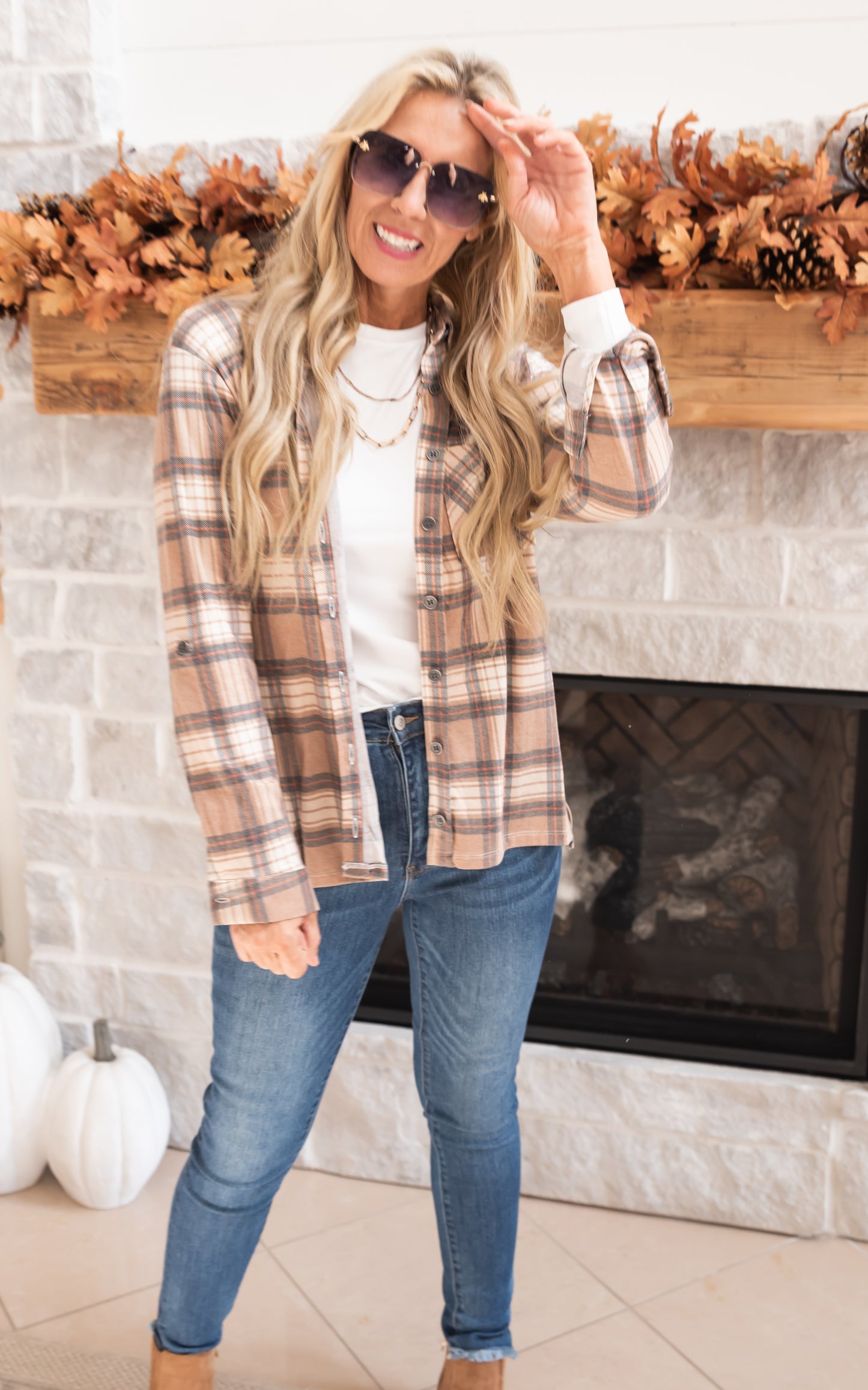 Falling for Plaid Roll Up Long Sleeve Top - Mocha