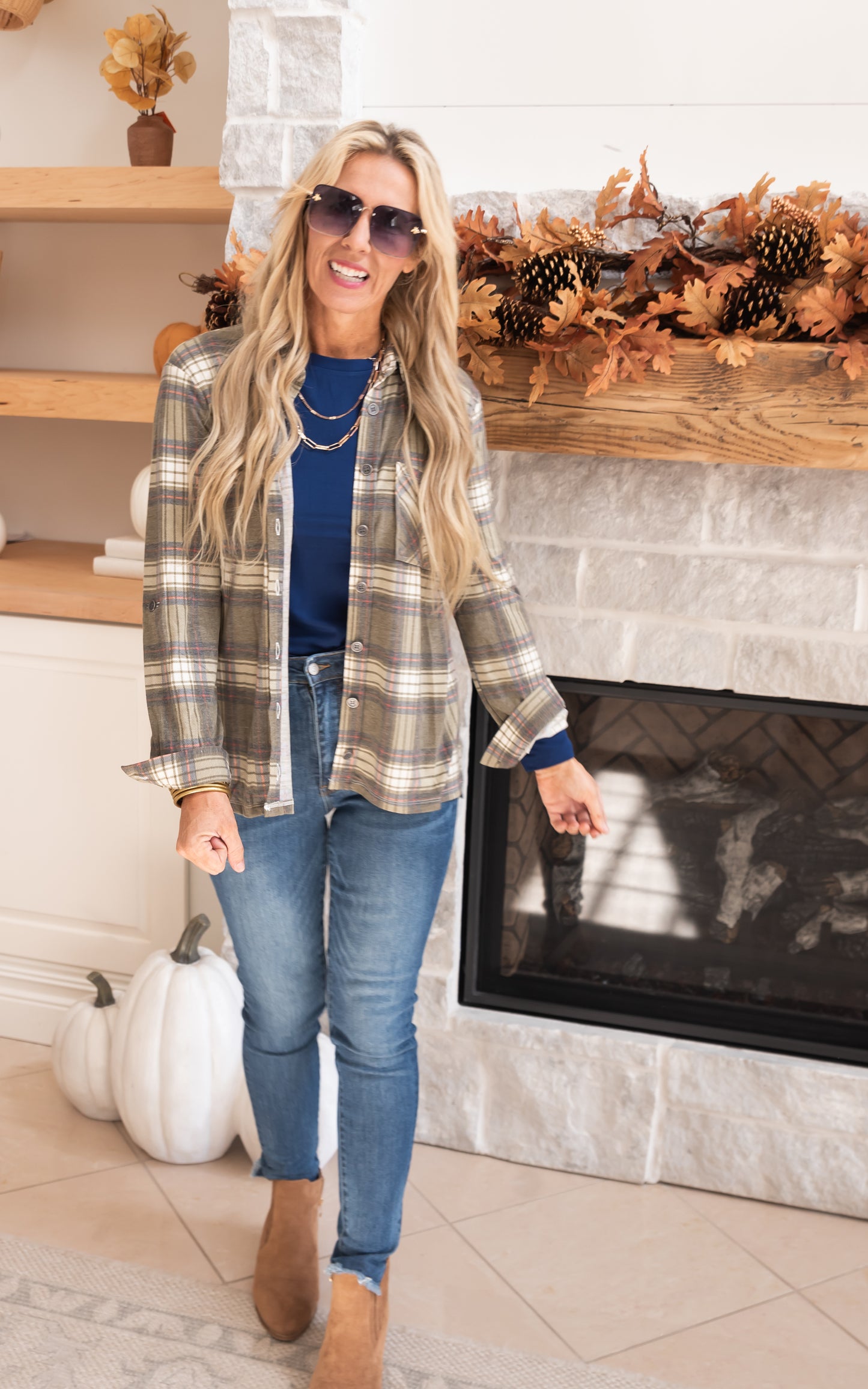 Falling for Plaid Roll Up Long Sleeve Top 