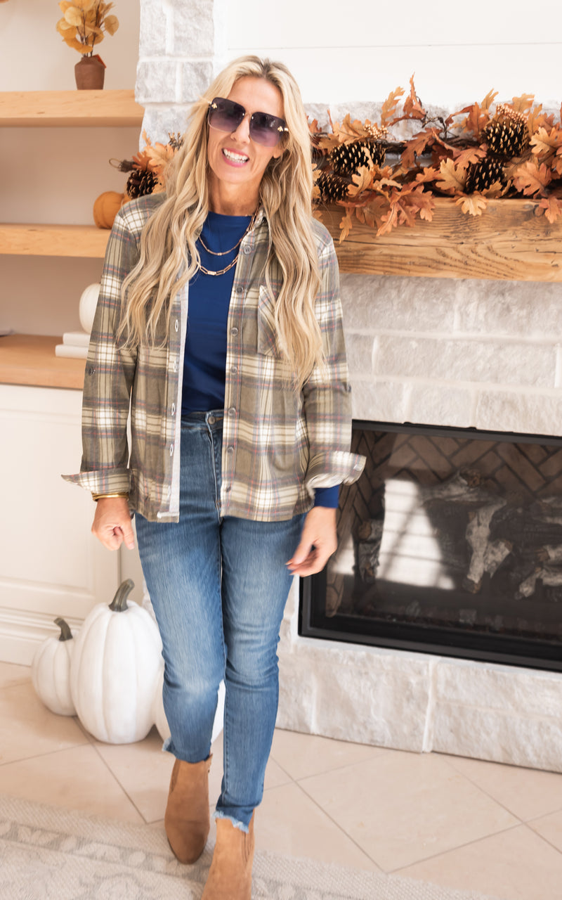 Falling for Plaid Roll Up Long Sleeve Top 