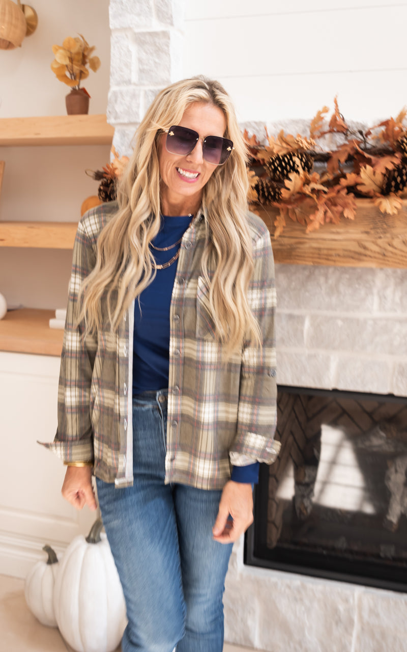 Falling for Plaid Roll Up Long Sleeve Top - Olive