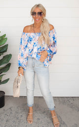 The Peony Off the Shoulder Peasant Top - Blue
