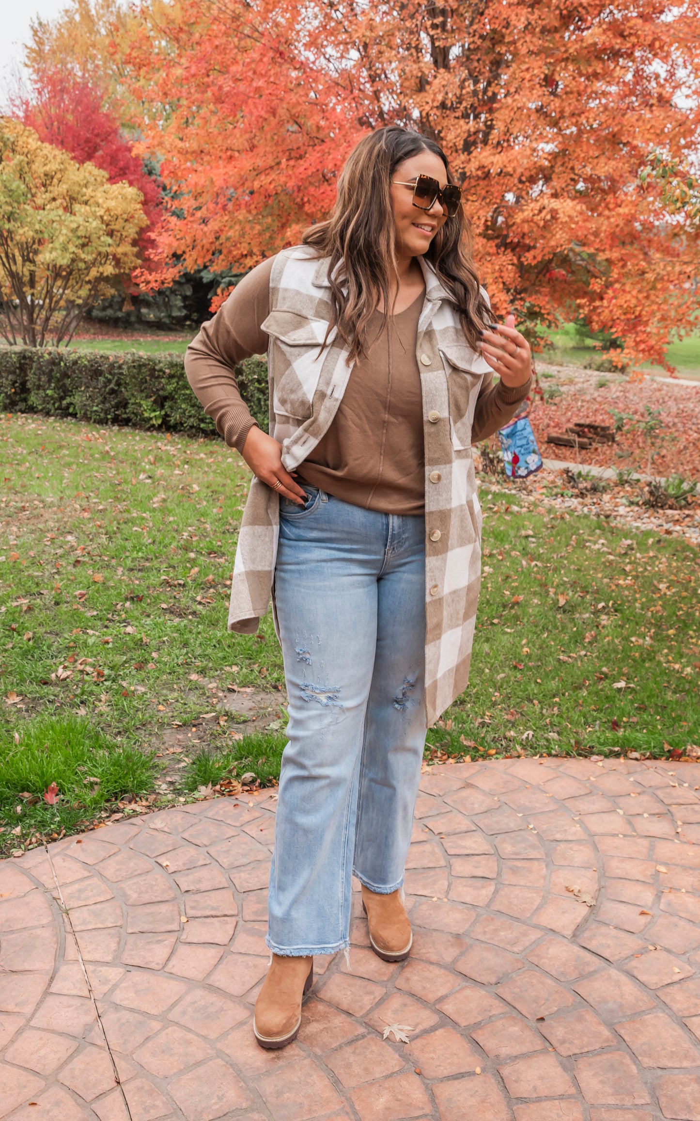 Leave Them Speachless Wool Plaid Long Vest - Taupe