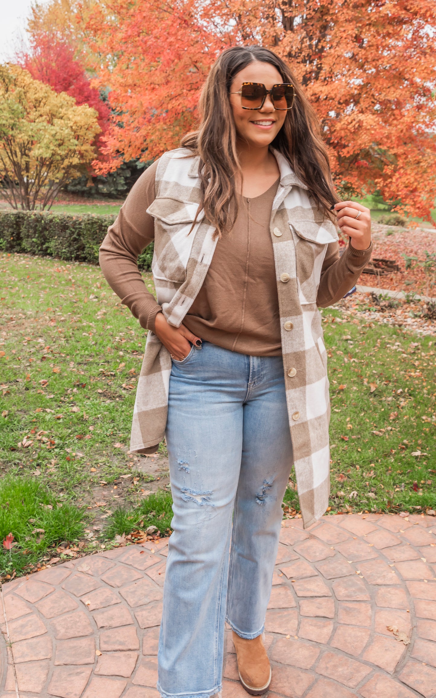 Leave Them Speachless Wool Plaid Long Vest - Taupe