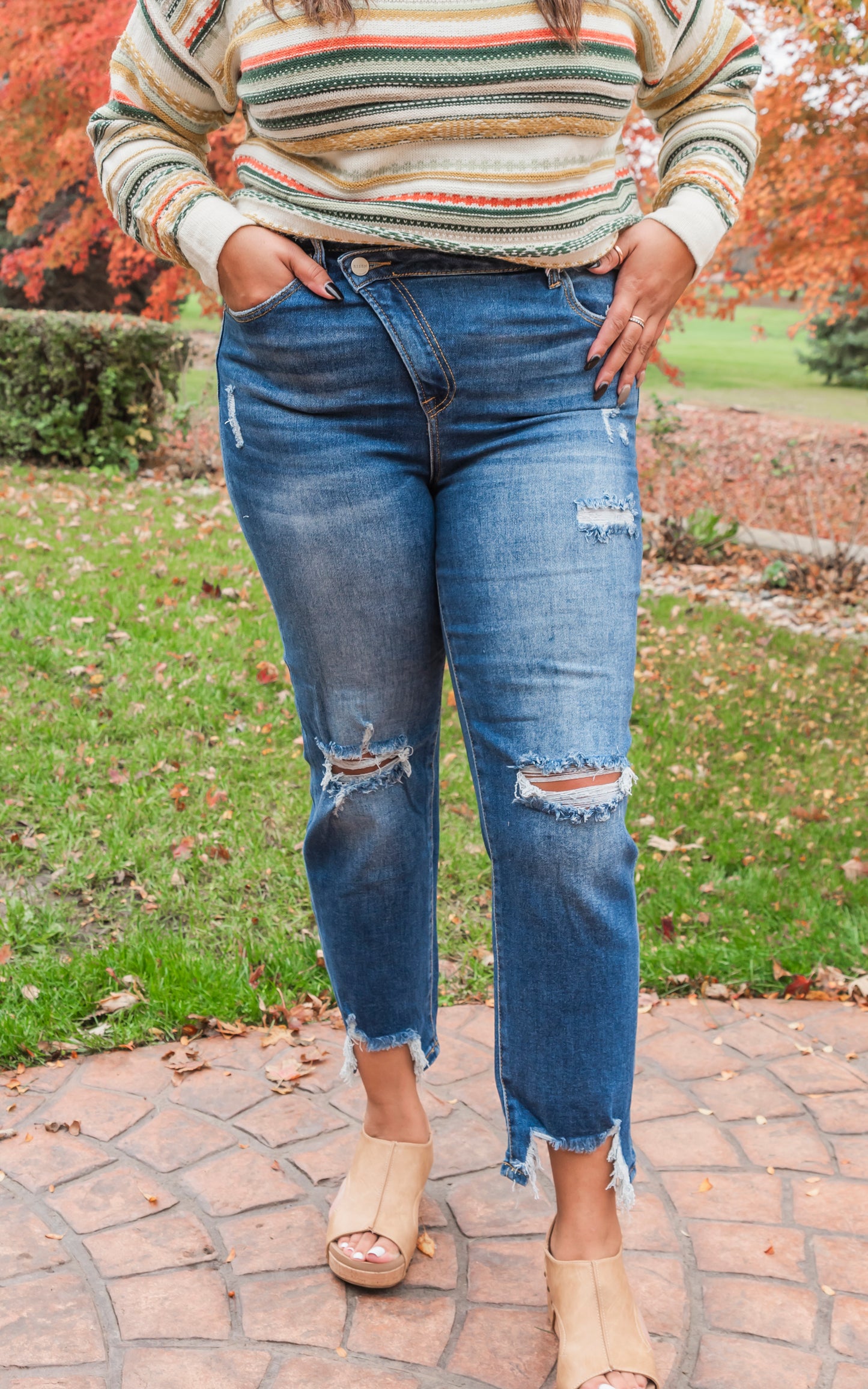 Crossover Distressed Girlfriend Denim Jeans | Risen - Final Sale