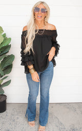 The Isabella Smocked Off the Shoulder and Tiered Sleeve Top - Black
