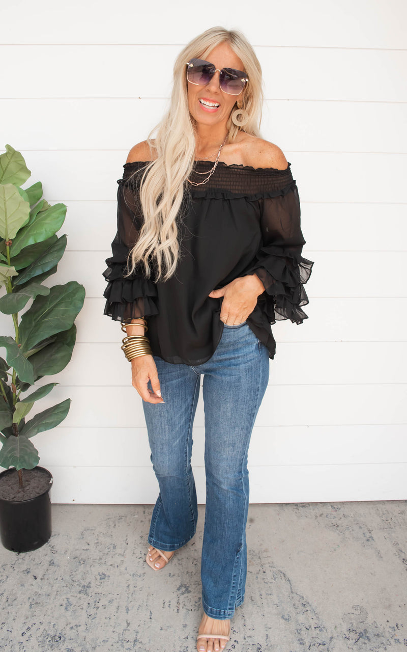 The Isabella Smocked Off the Shoulder and Tiered Sleeve Top - Black