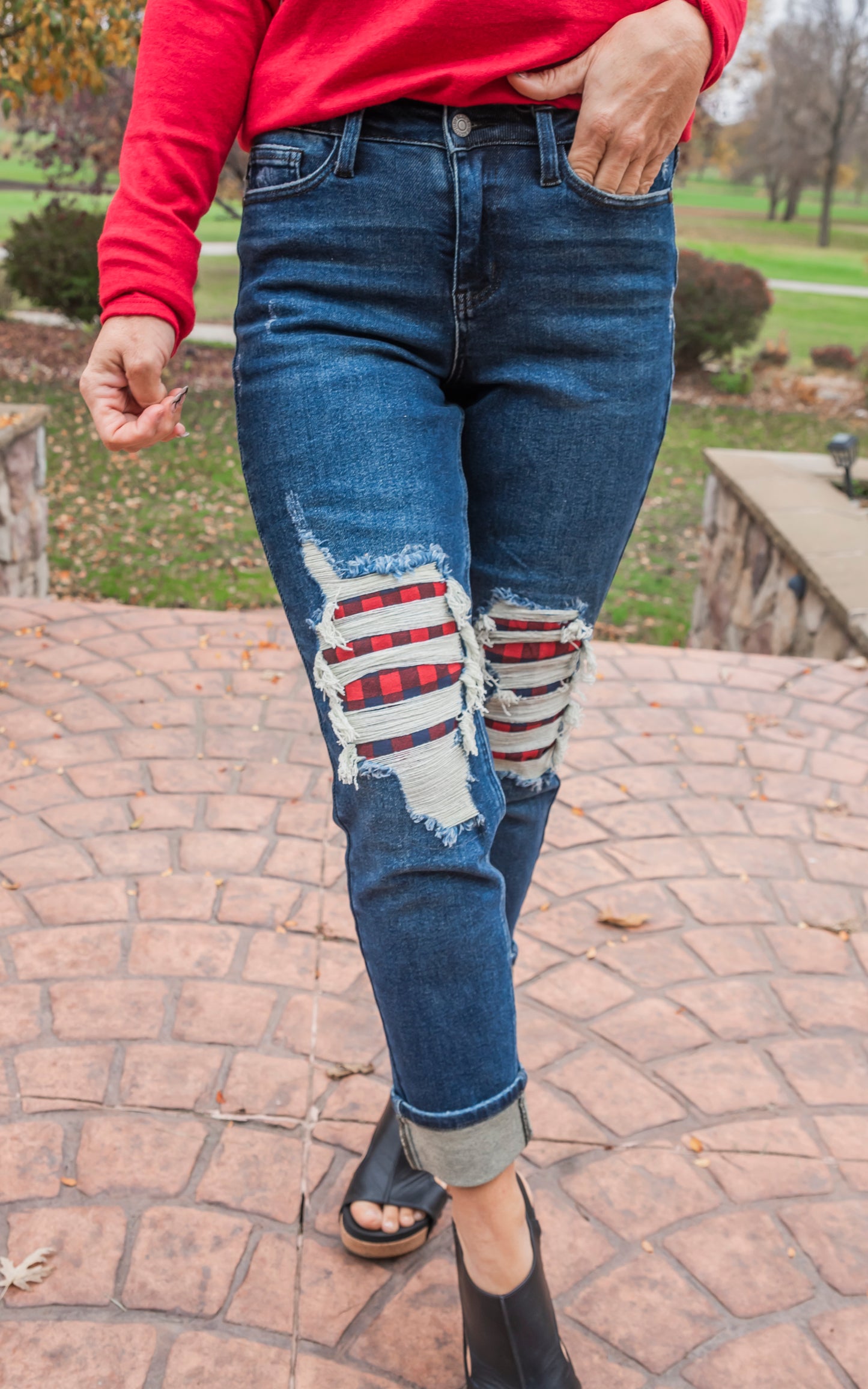 Mid Rise Buffalo Plaid Destroy Patches Boyfriend Cuff Denim Jeans | Judy Blue** - Final Sale