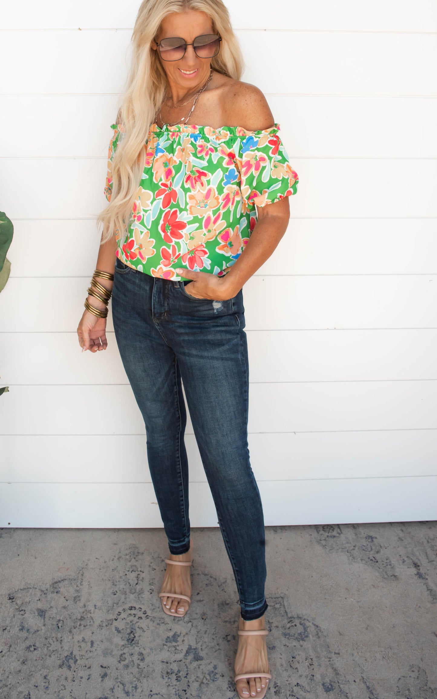 Darling Green Off the Shoulder Floral Blouse Top