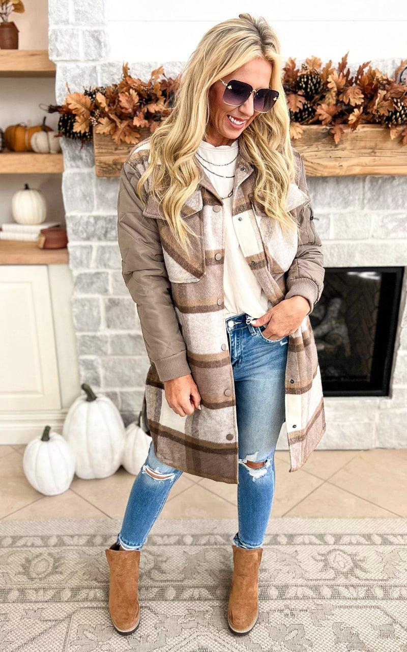 Season Turning Tan Plaid Long Jacket