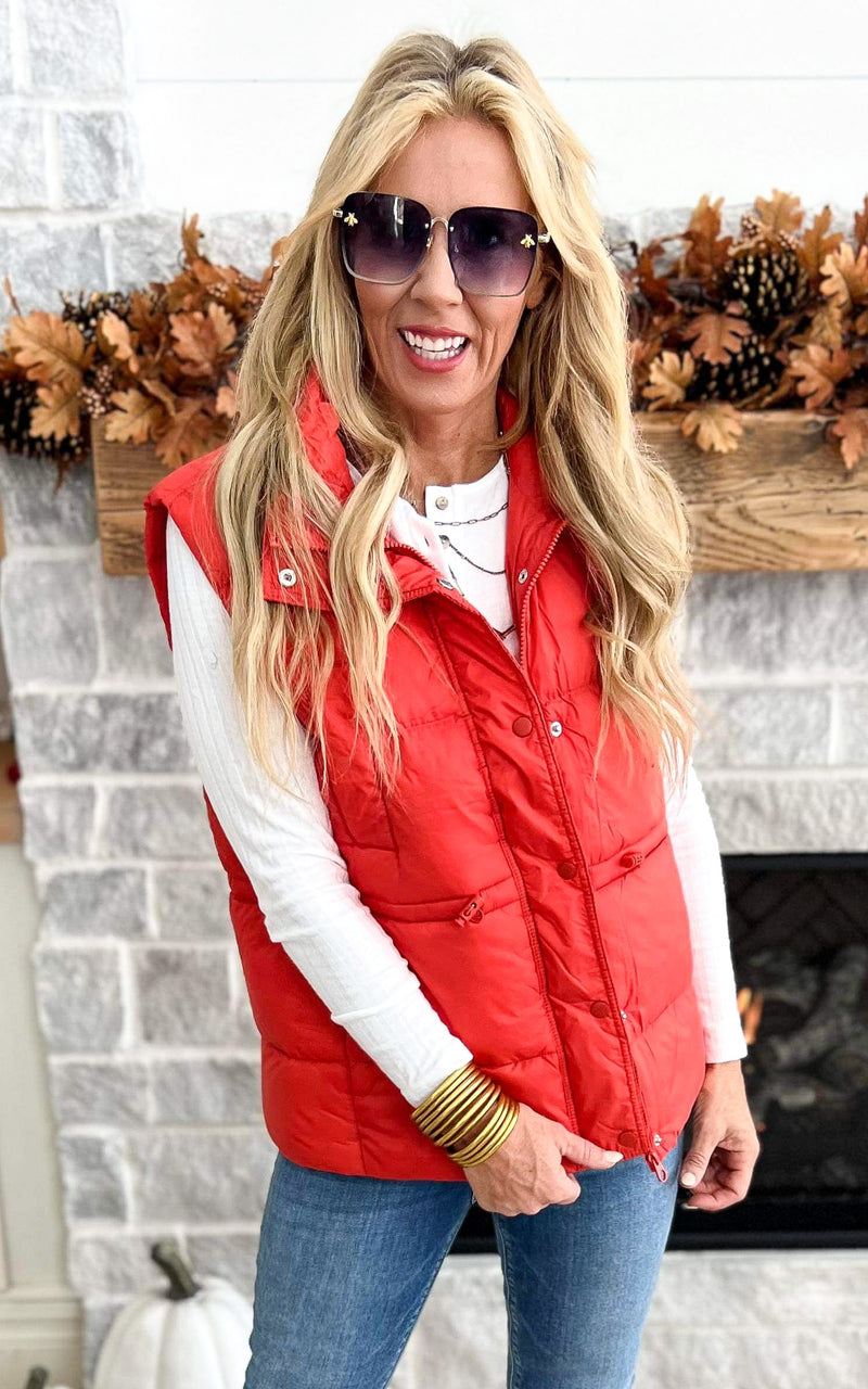 Zip Up Button Puffer Vest with Waist Toggles - Tomato