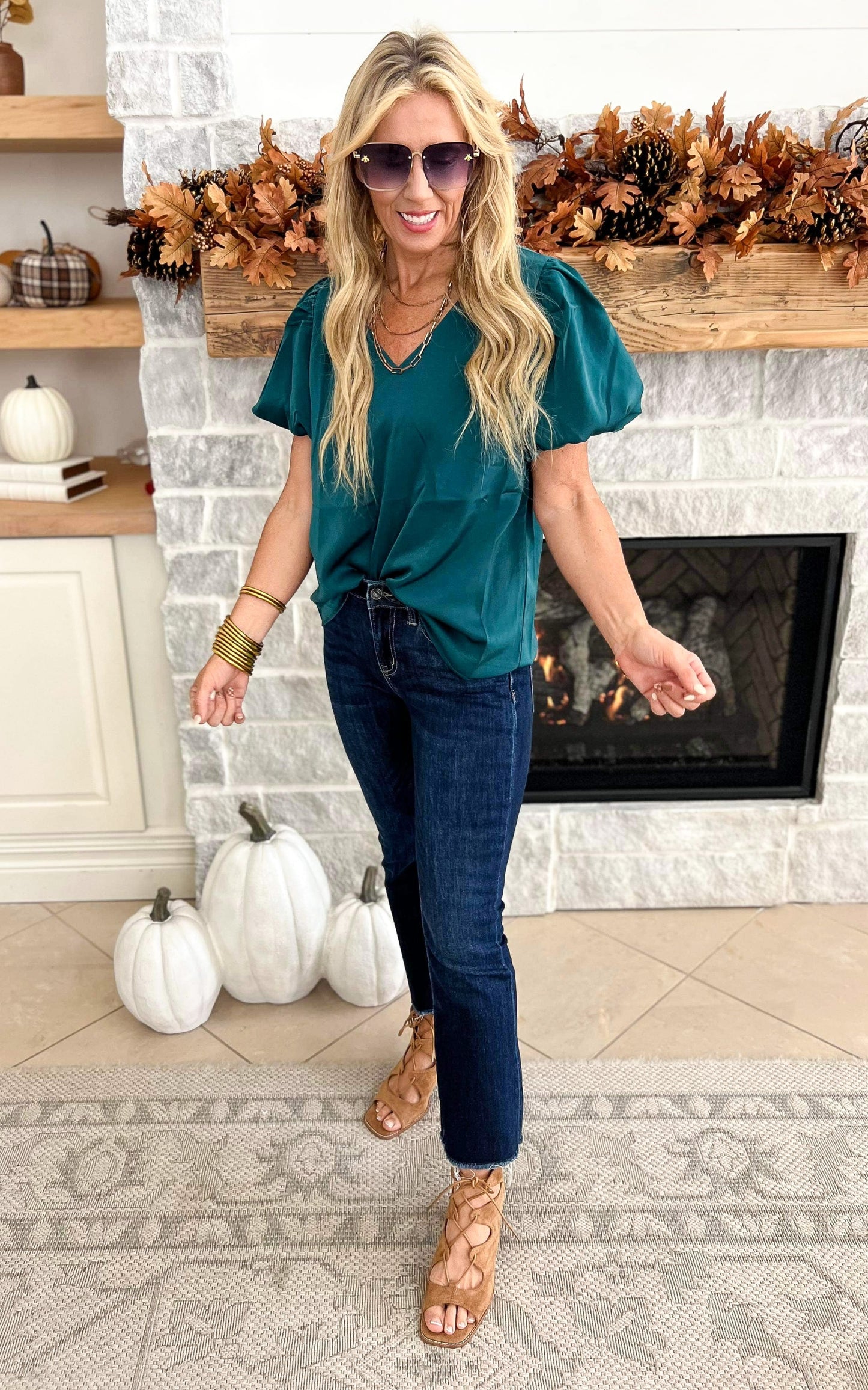 V-Neck Puff Sleeve Blouse Top - Hunter Green