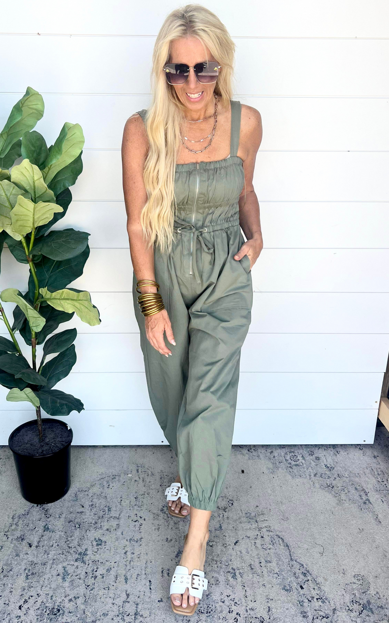 Olive Ruched Elastic Front Zipper Jumpsuit - Final Sale