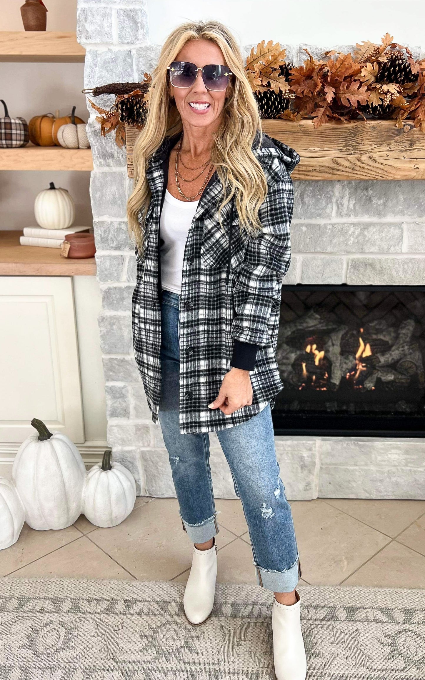 Black Plaid Hooded Shacket