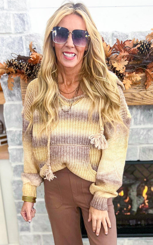 Mocha Multi-Color Hooded Knit Sweater Top - Final Sale