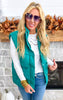 Zip Up Button Puffer Vest with Waist Toggles - Green