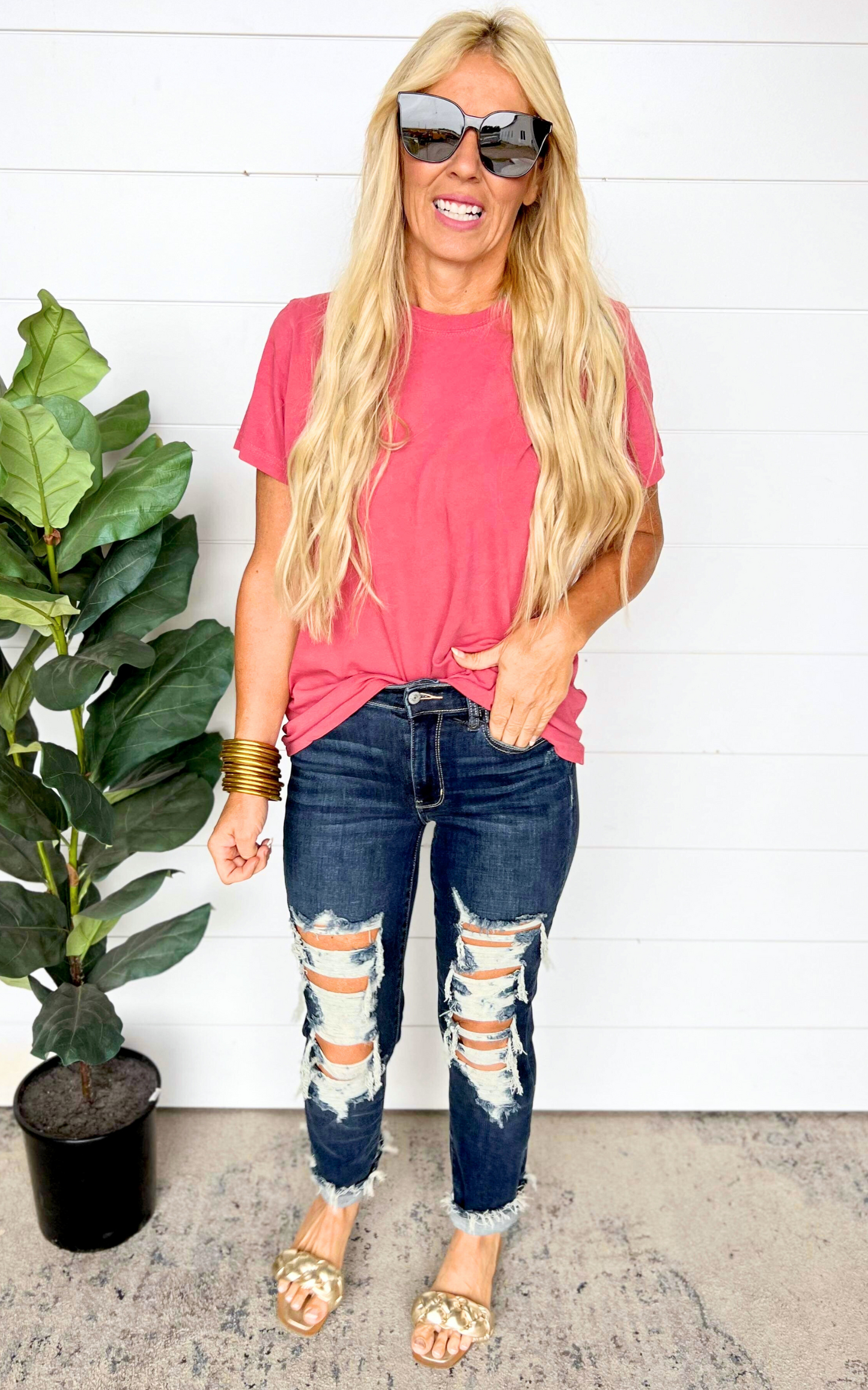 Mid Rise Heavy Distressed Straight Leg Denim Jeans - Judy Blue