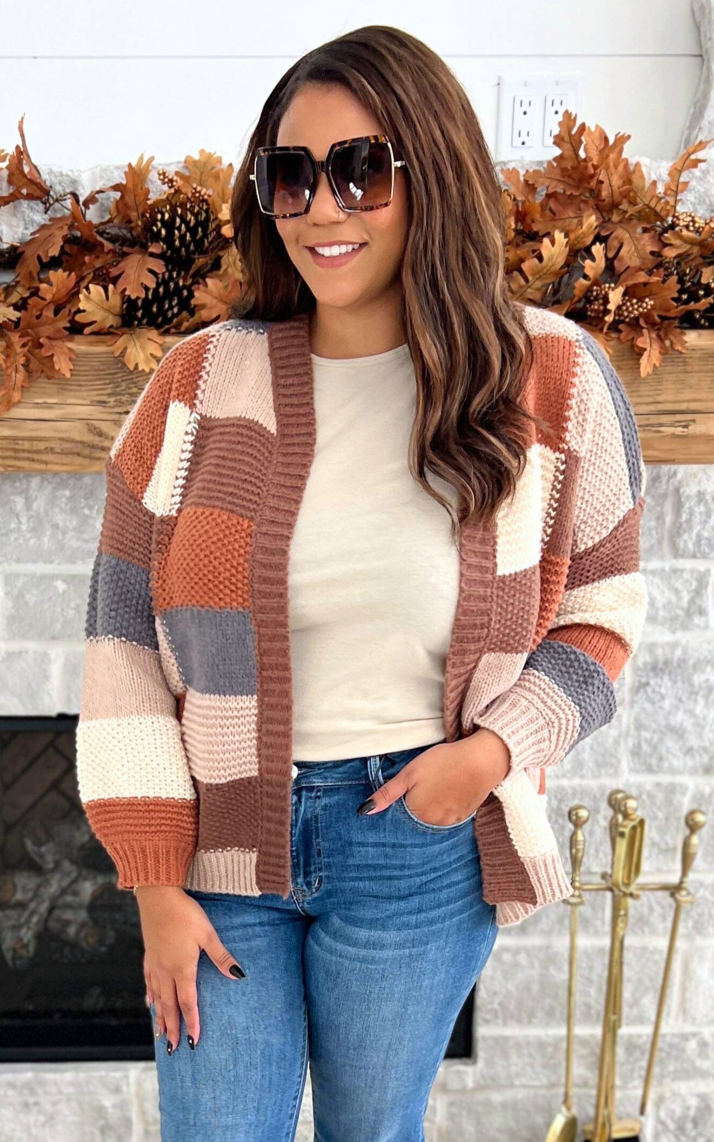 Checker Colorblock Cardigan -Mocha