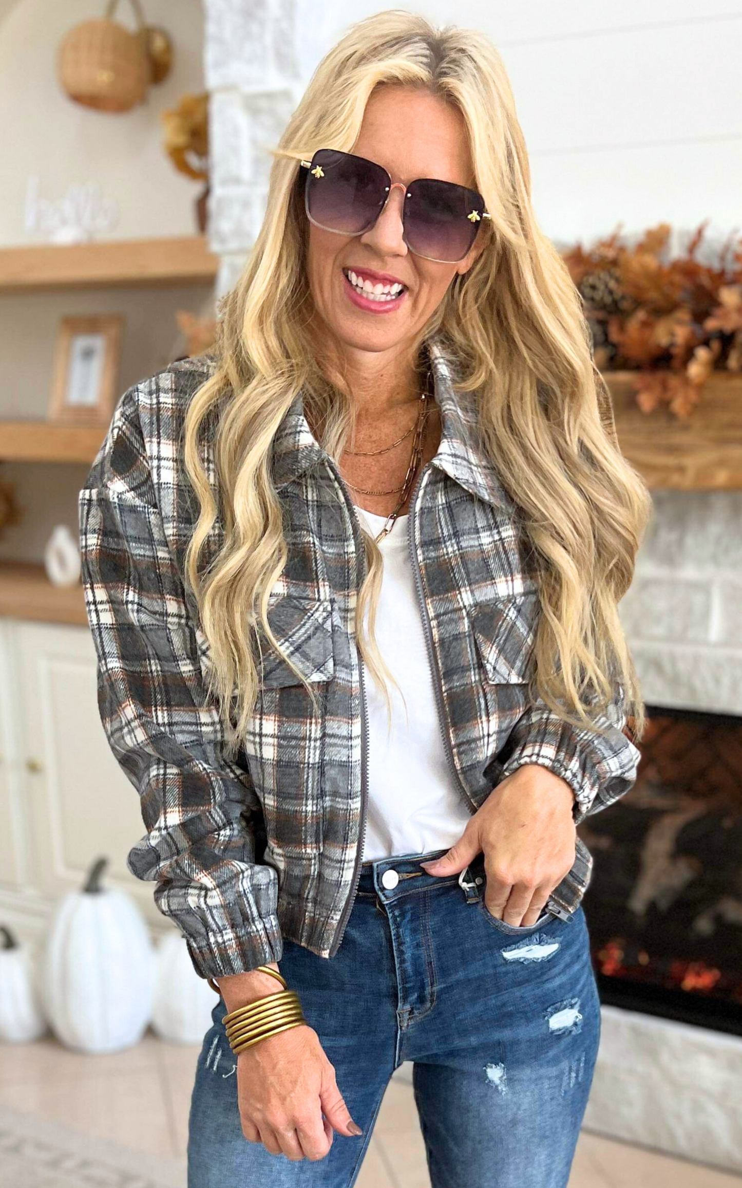 Hints of Fall Plaid Zip Up Jacket