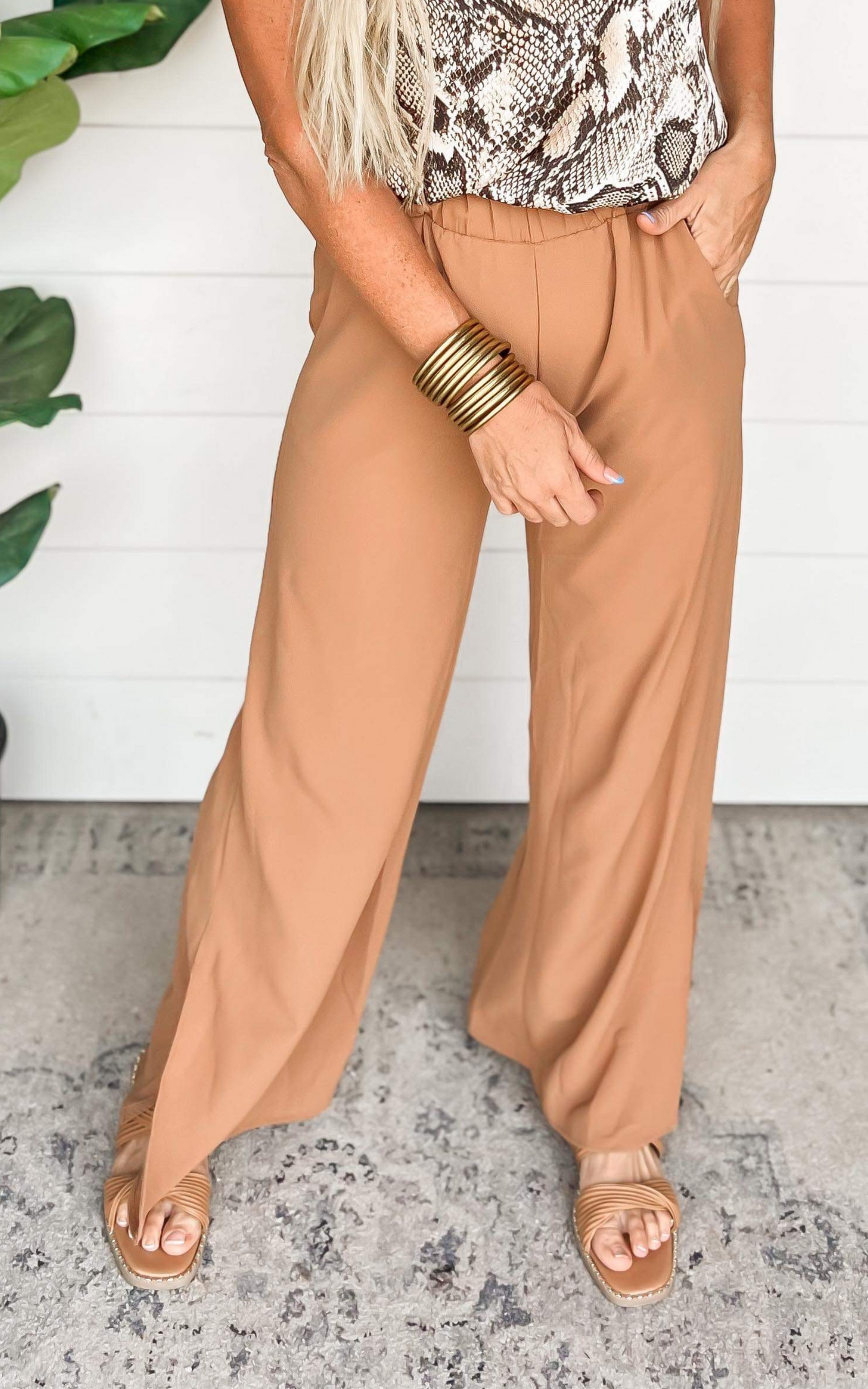 Textured Side Slit Wide Leg Pants - Camel