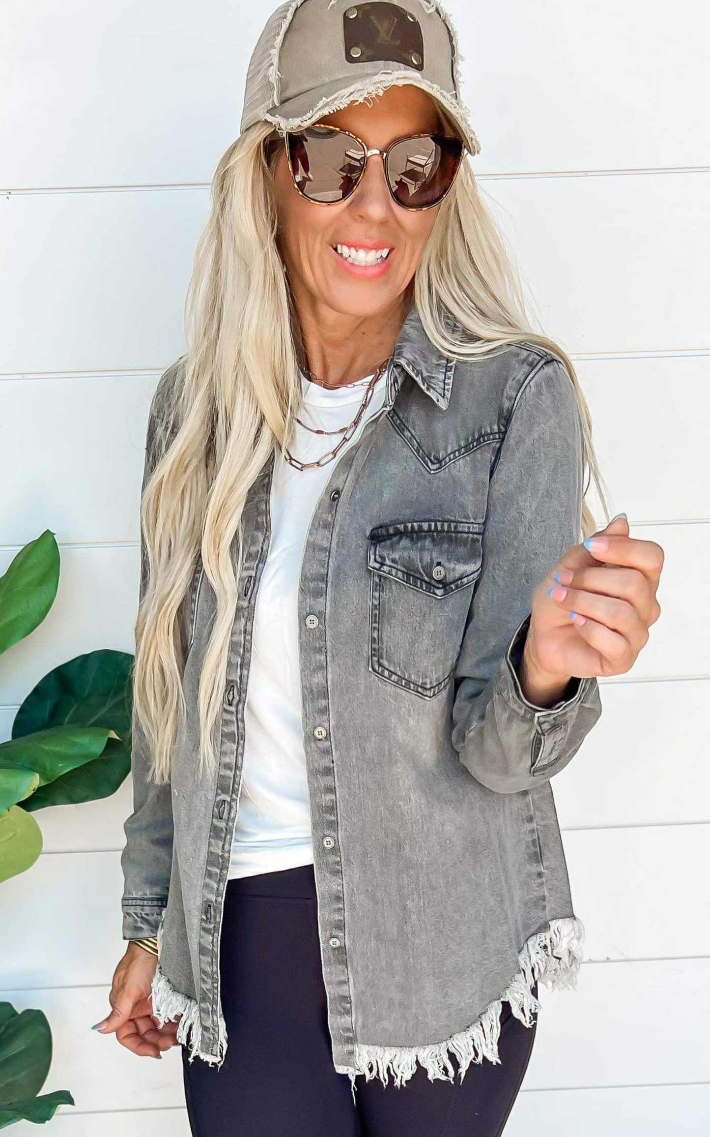 Grey Frayed Hem Denim Shirt