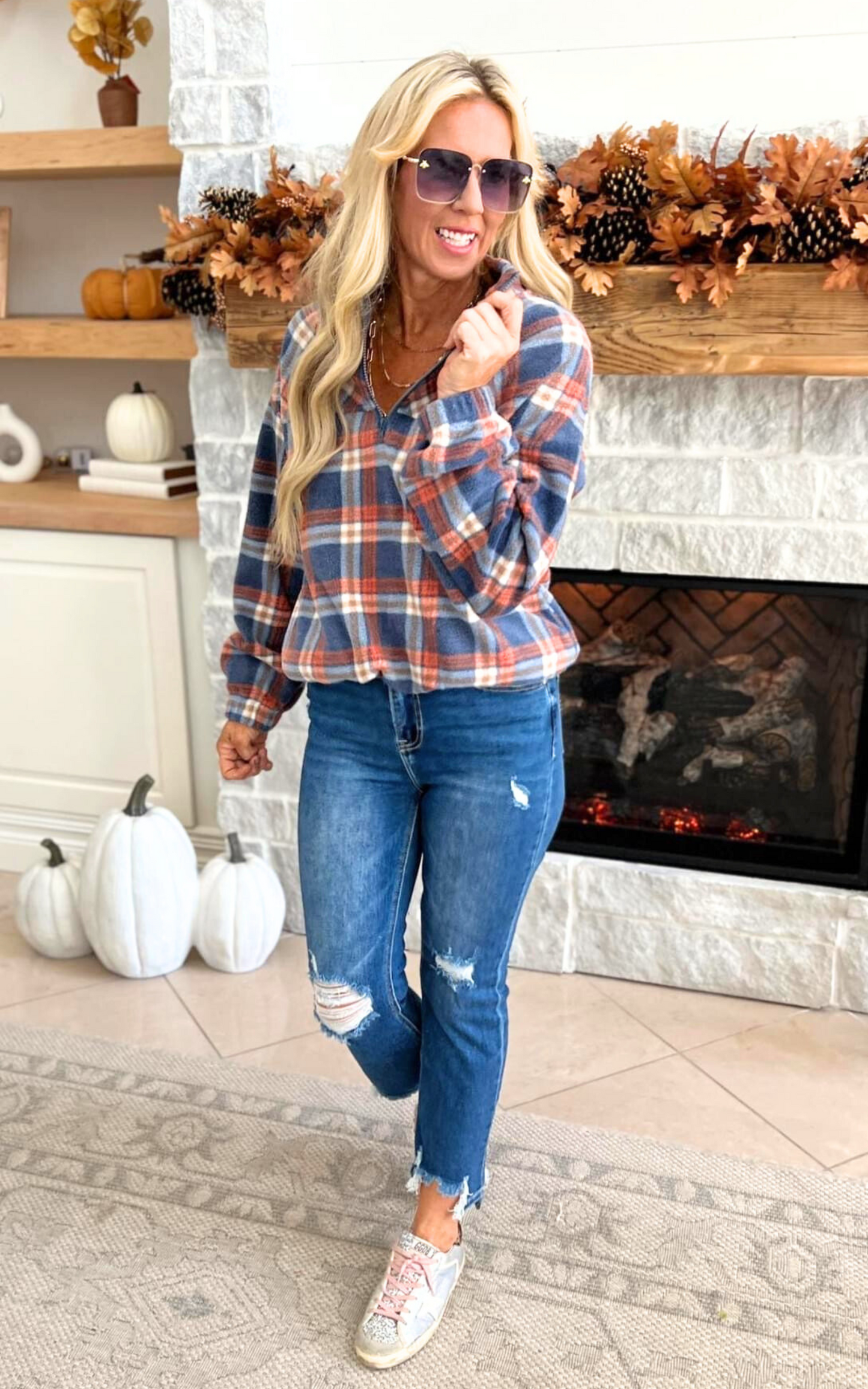 Autumn Morning Wood Brushed Plaid Pullover Top