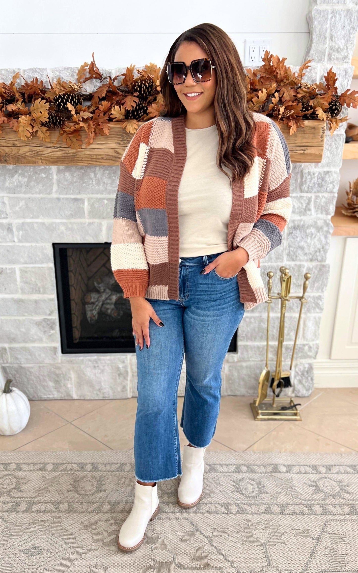 Checker Colorblock Cardigan -Mocha