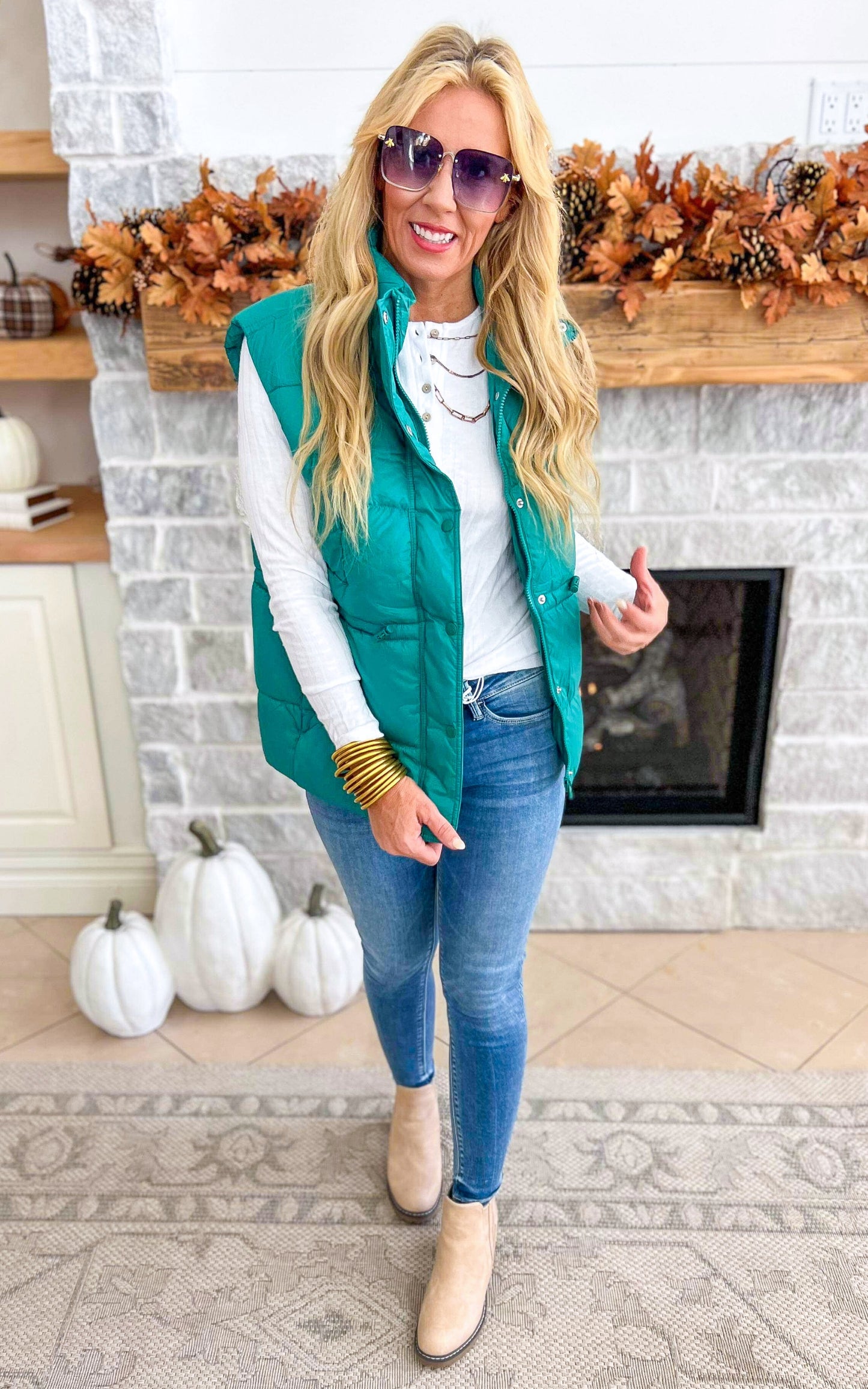 Zip Up Button Puffer Vest with Waist Toggles - Green