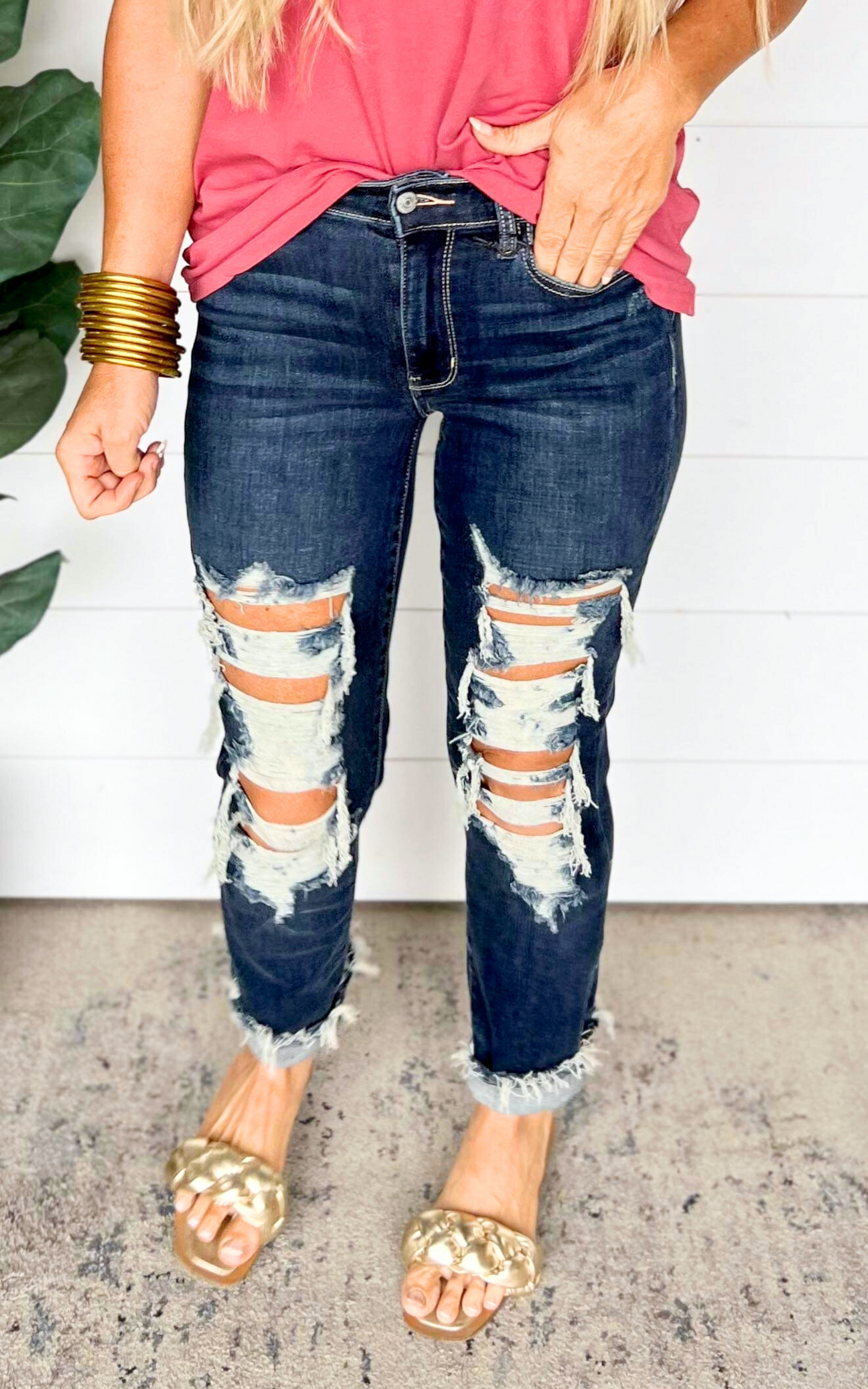 Mid Rise Heavy Distressed Straight Leg Denim Jeans - Judy Blue