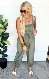 Olive Ruched Elastic Front Zipper Jumpsuit