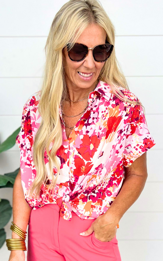 Floral Print Collared Button-Up Top - Final Sale